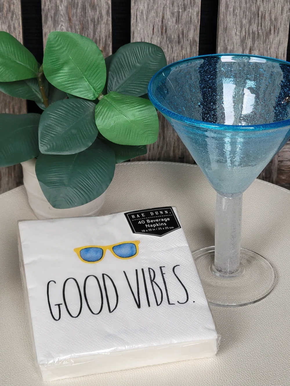 Blue Rim Glass Martini Glass & Rae Dunn Good Vibes Cocktail Napkins